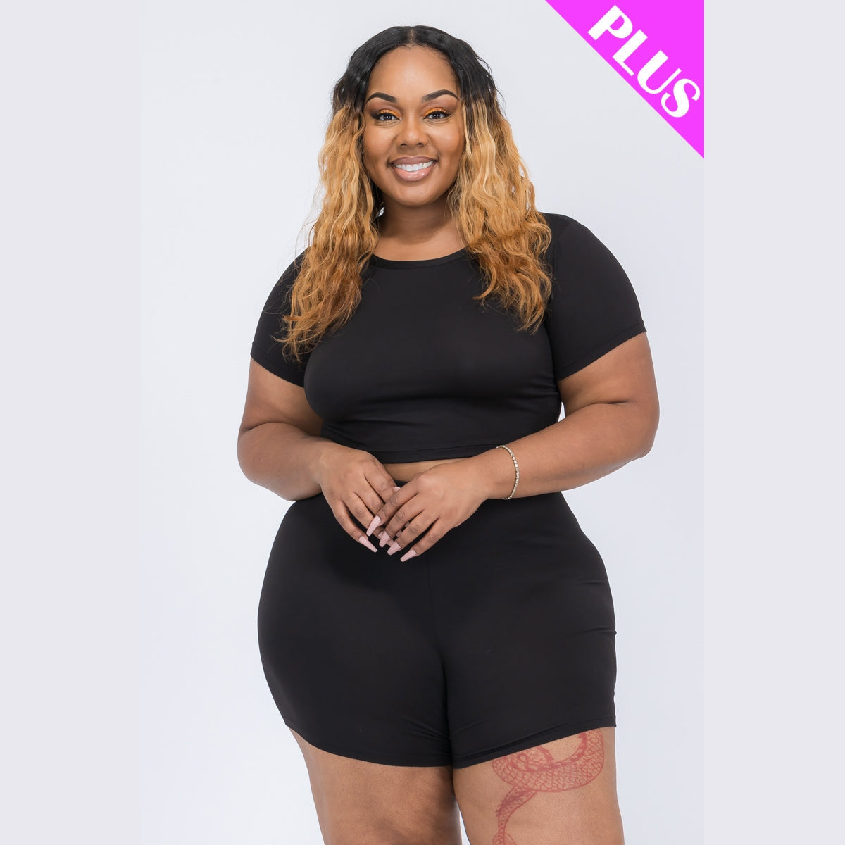 Plus Size Short Sleeve Crop Top & Shorts Set