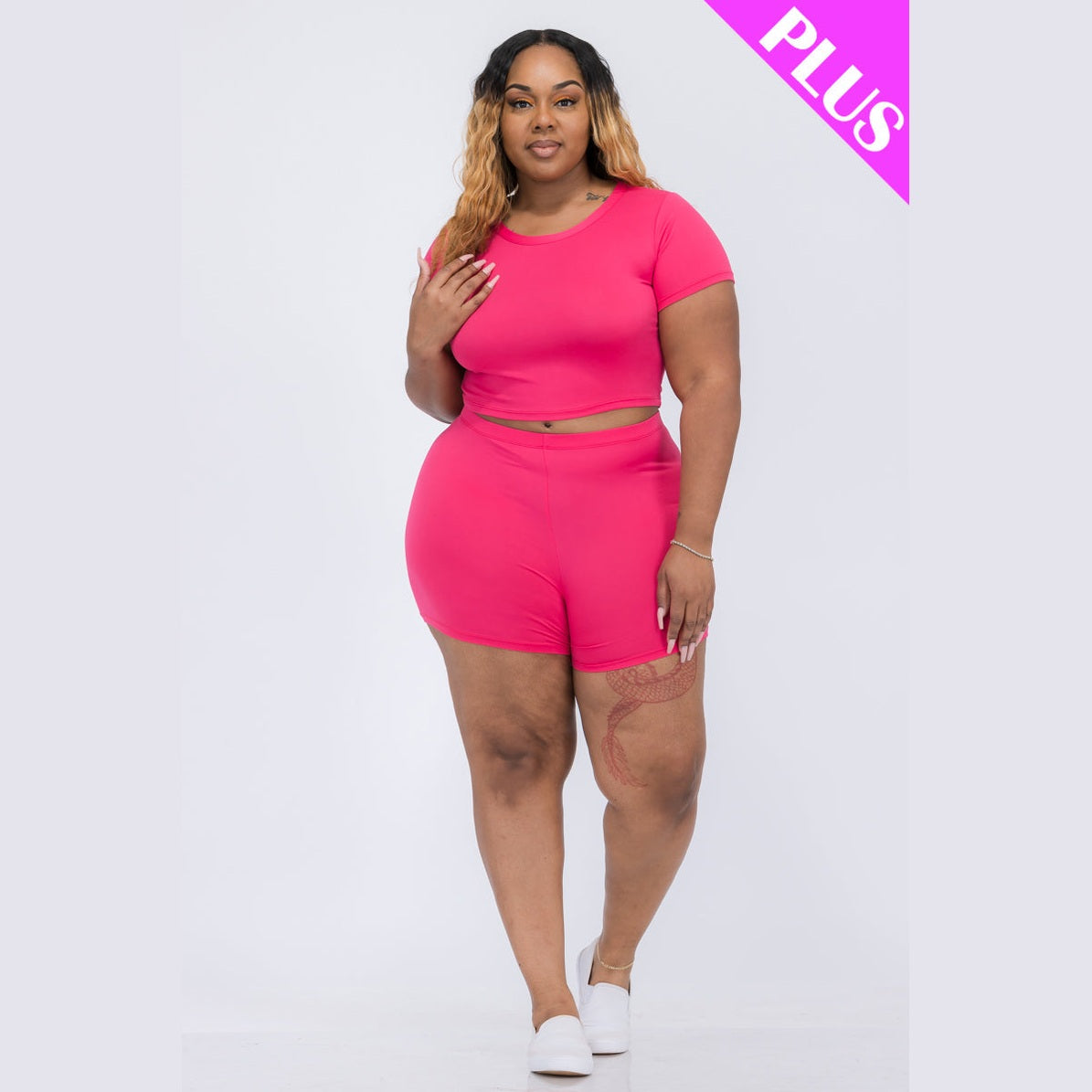 Plus Size Short Sleeve Crop Top & Shorts Set