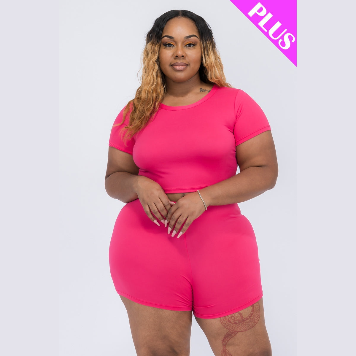 Plus Size Short Sleeve Crop Top & Shorts Set