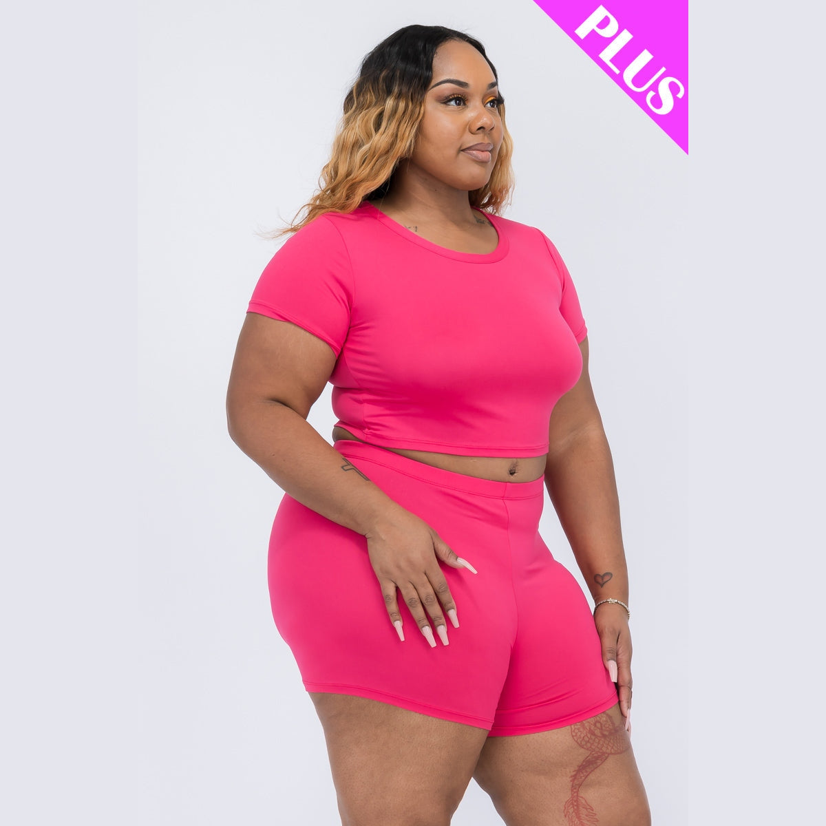 Plus Size Short Sleeve Crop Top & Shorts Set