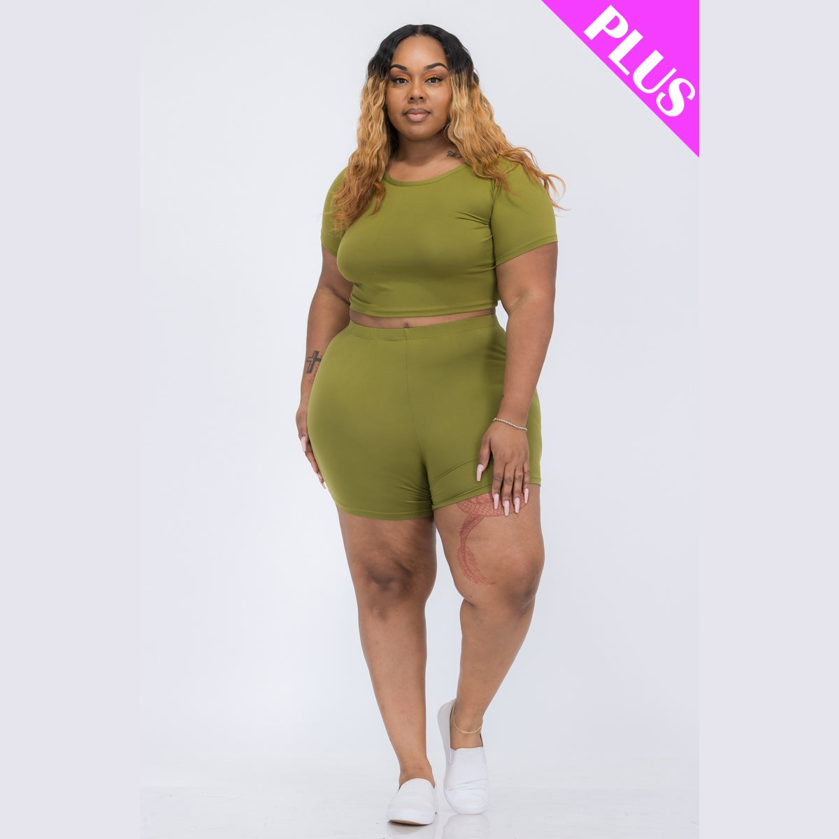 Plus Size Short Sleeve Crop Top & Shorts Set