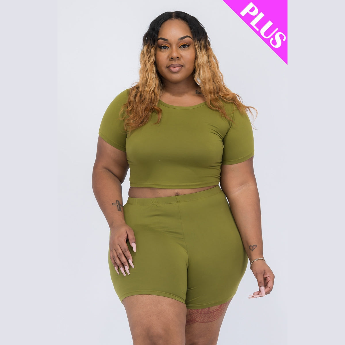Plus Size Short Sleeve Crop Top & Shorts Set