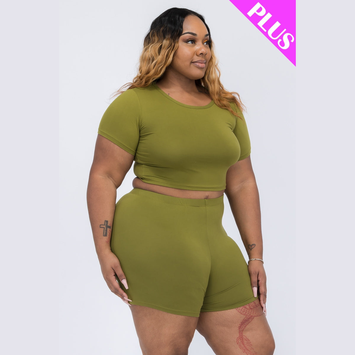 Plus Size Short Sleeve Crop Top & Shorts Set