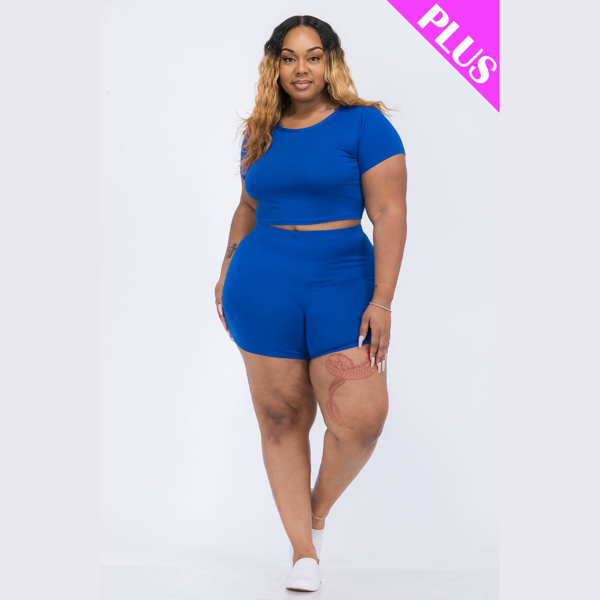 Plus Size Short Sleeve Crop Top & Shorts Set