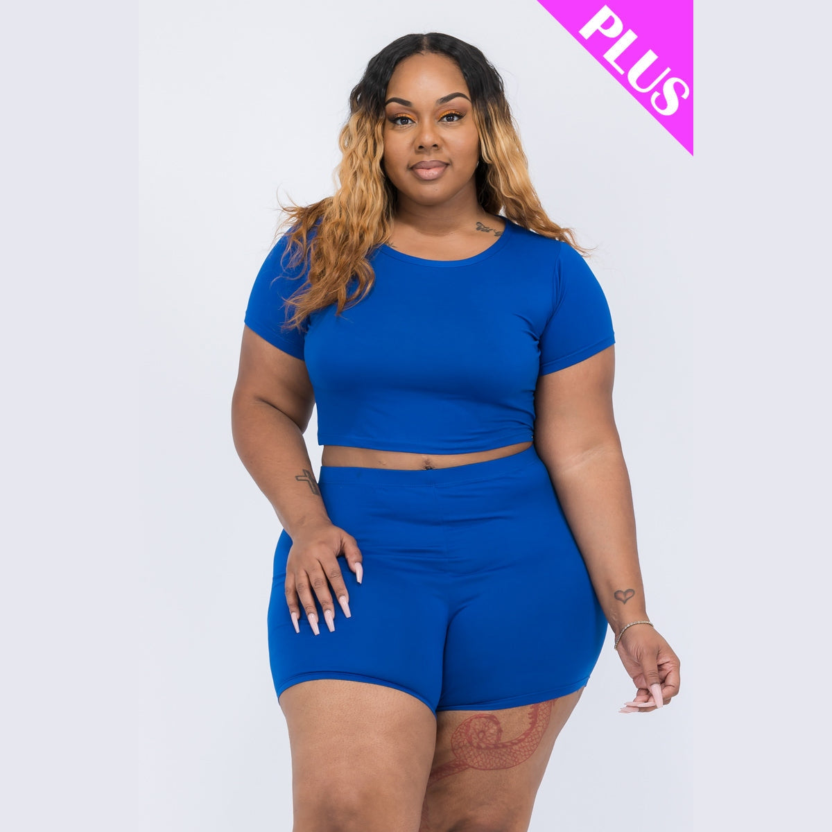 Plus Size Short Sleeve Crop Top & Shorts Set