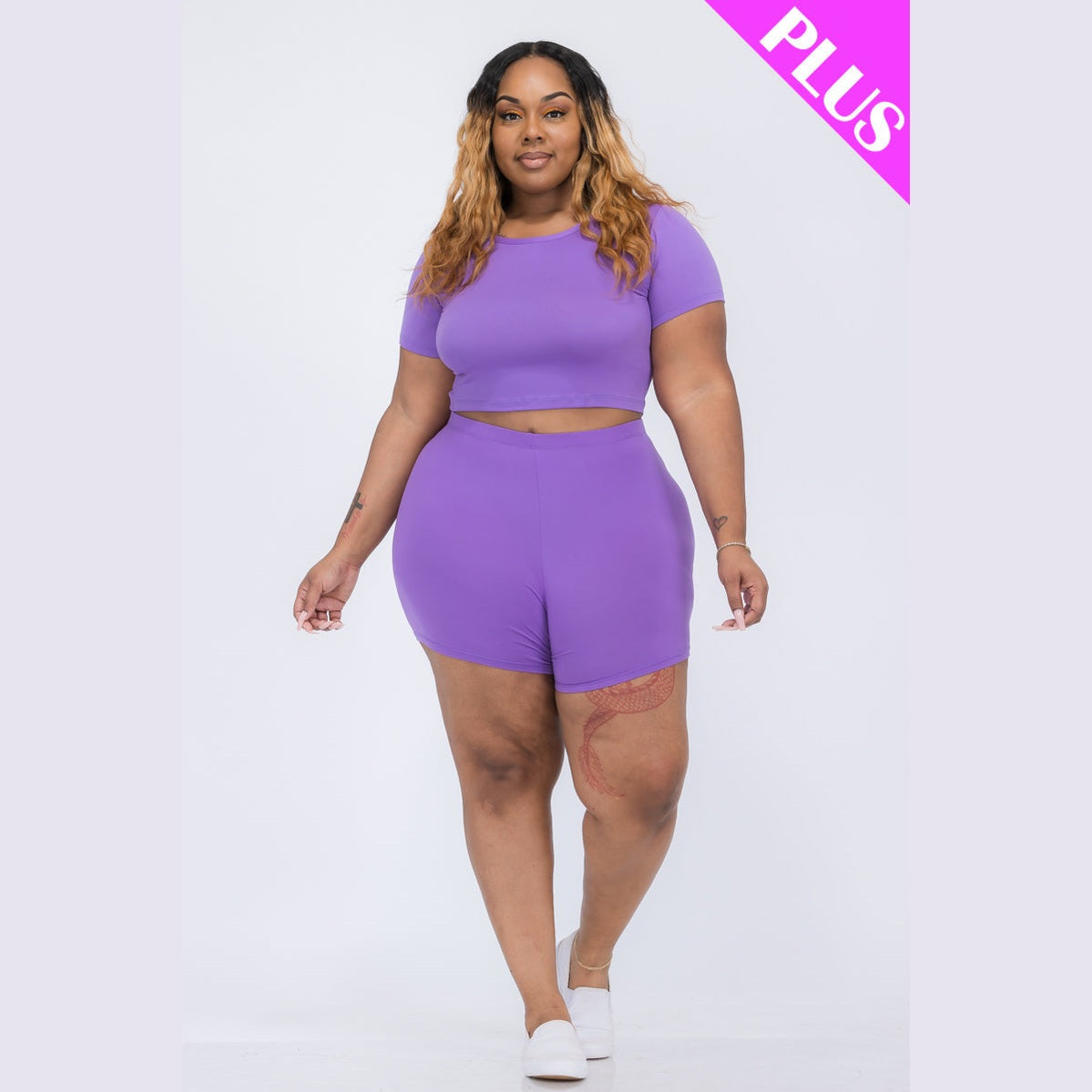 Plus Size Short Sleeve Crop Top & Shorts Set
