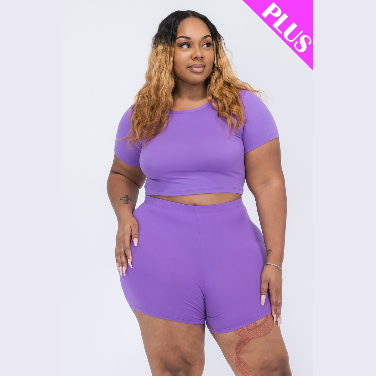 Plus Size Short Sleeve Crop Top & Shorts Set