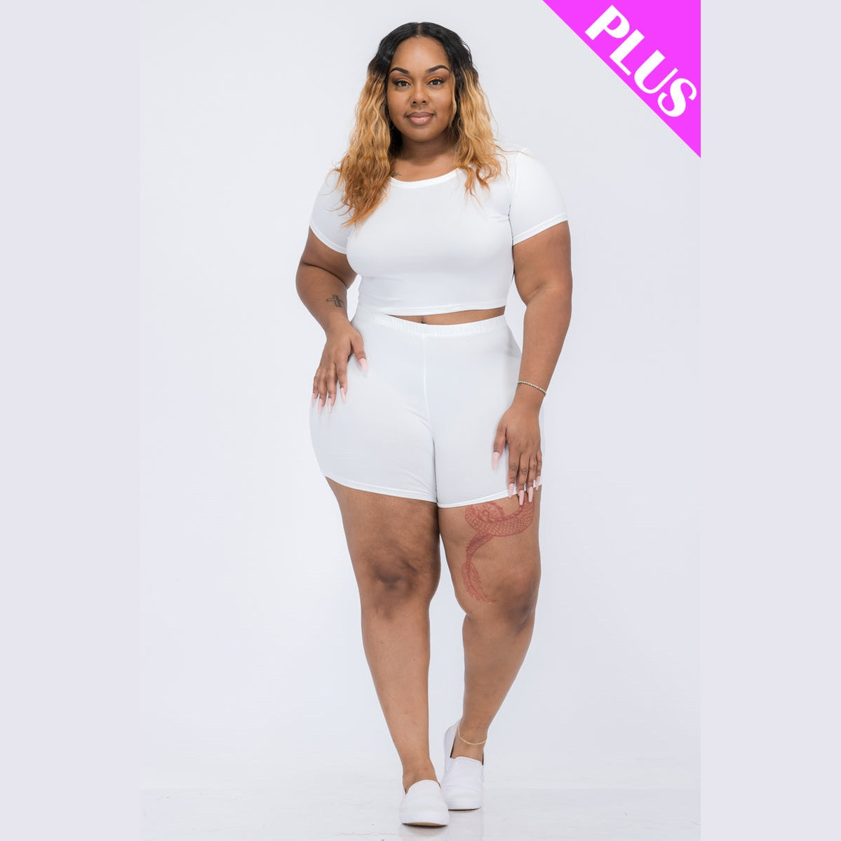 Plus Size Short Sleeve Crop Top & Shorts Set
