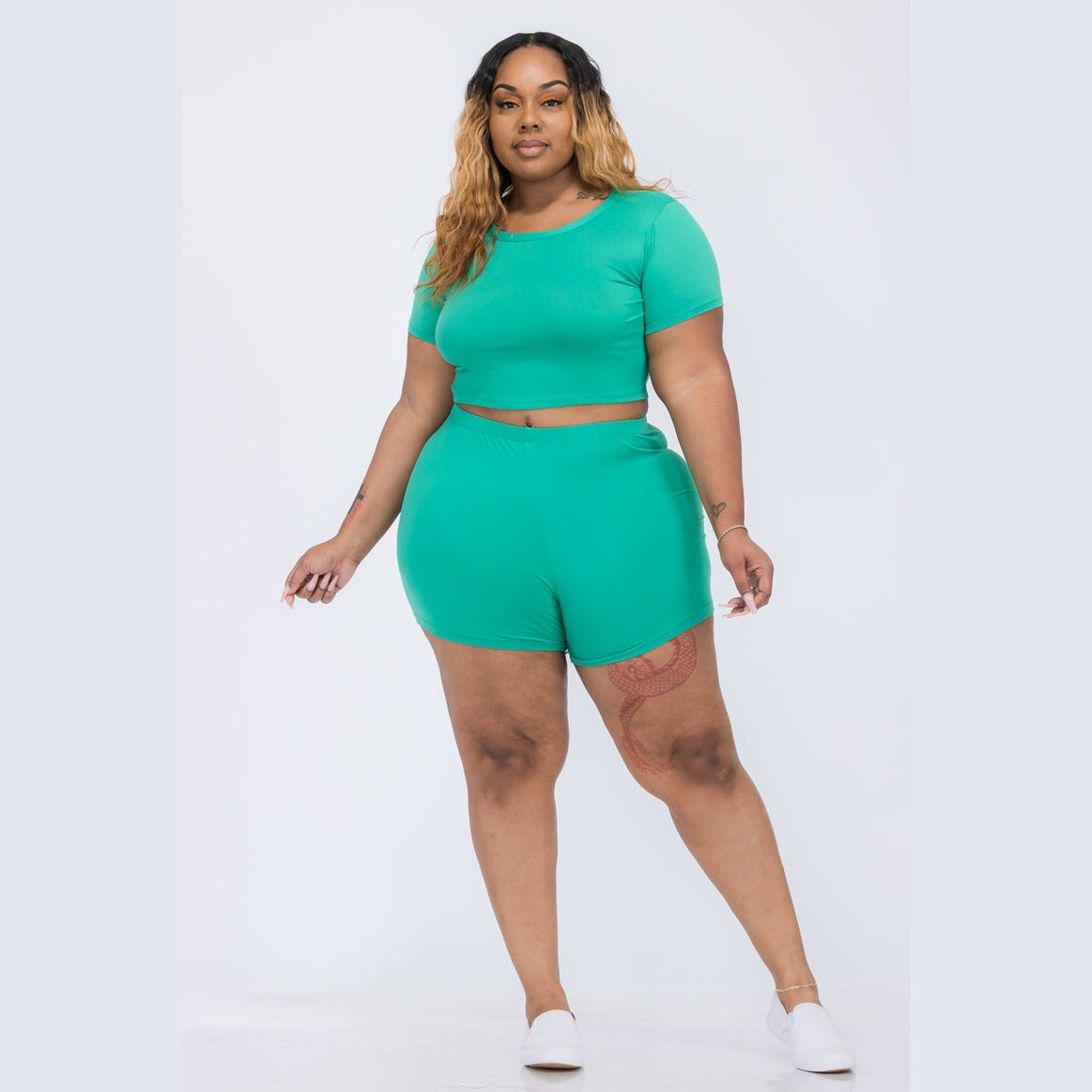 Plus Size Short Sleeve Crop Top & Shorts Set
