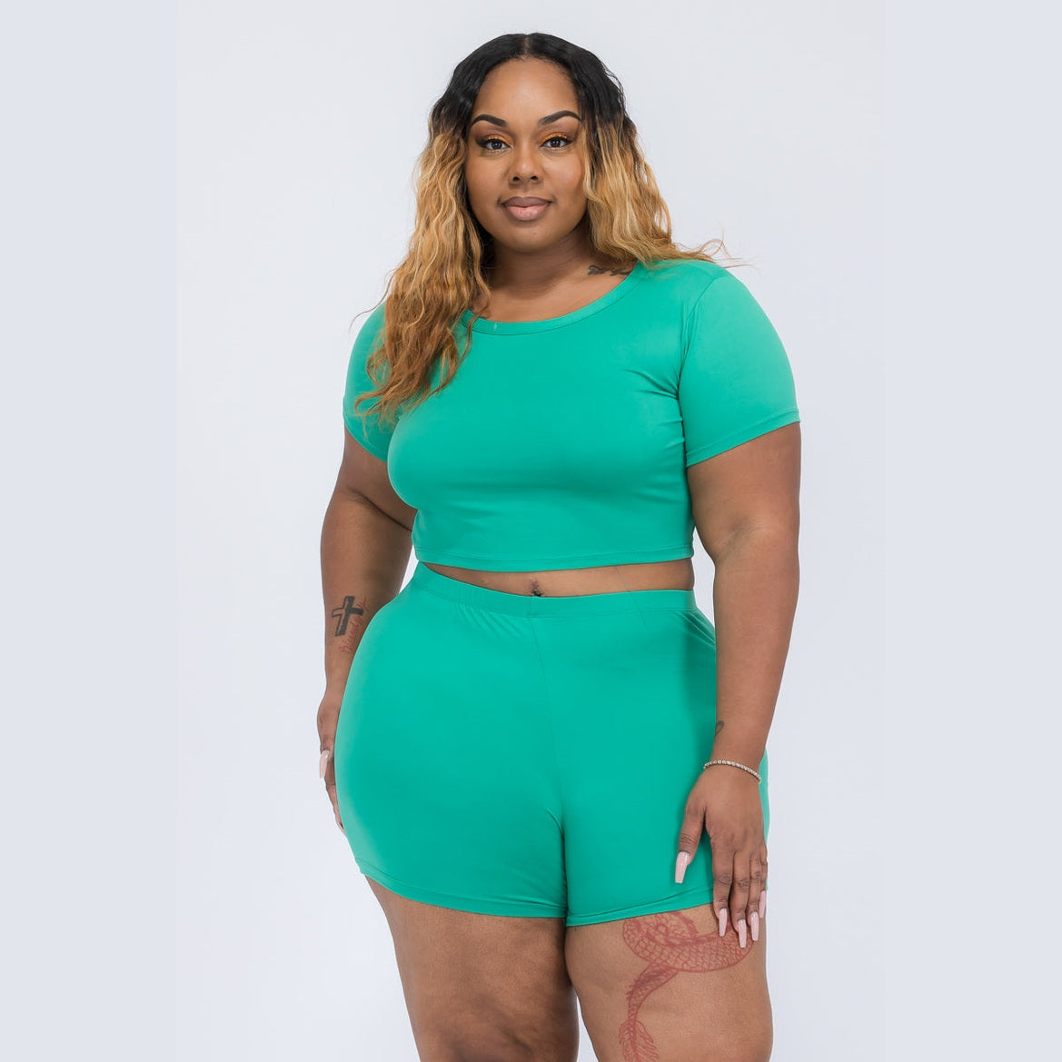 Plus Size Short Sleeve Crop Top & Shorts Set