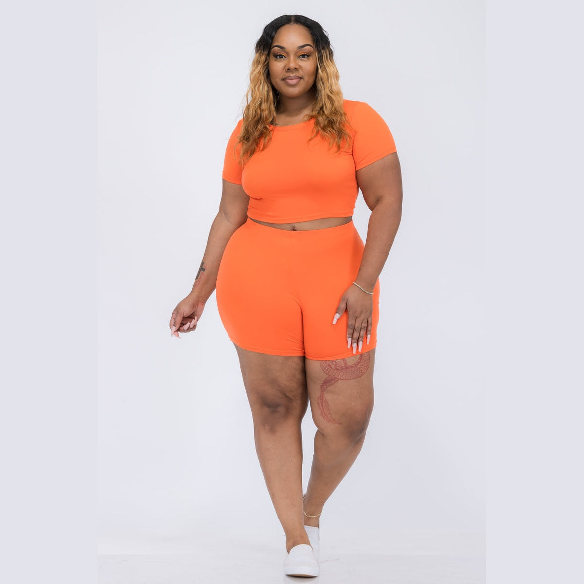 Plus Size Short Sleeve Crop Top & Shorts Set