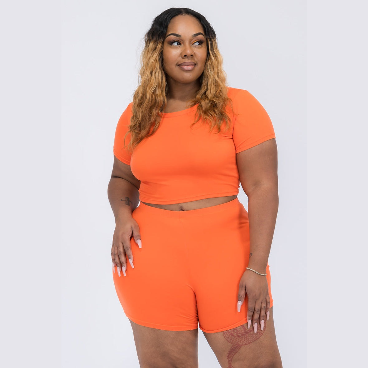 Plus Size Short Sleeve Crop Top & Shorts Set