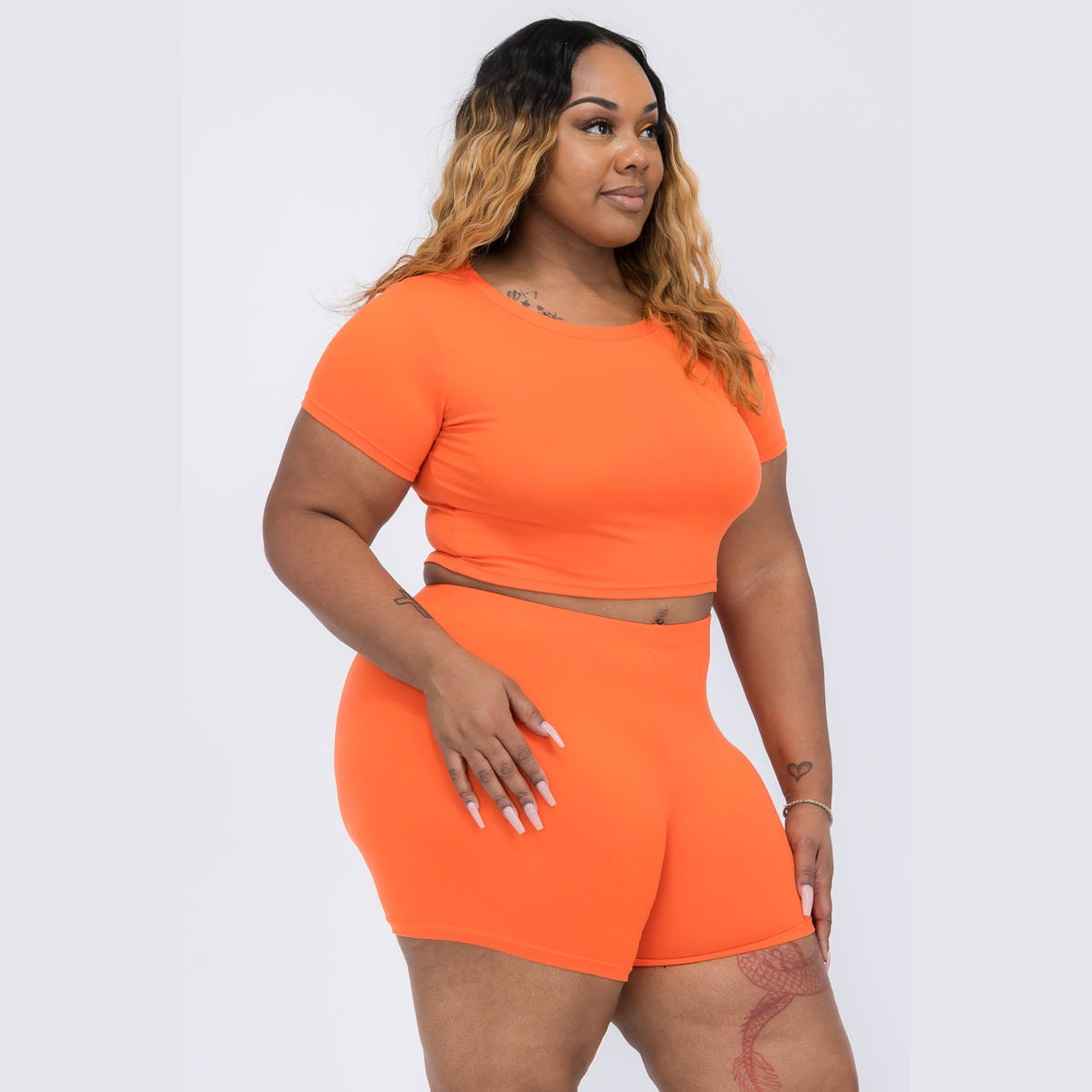 Plus Size Short Sleeve Crop Top & Shorts Set