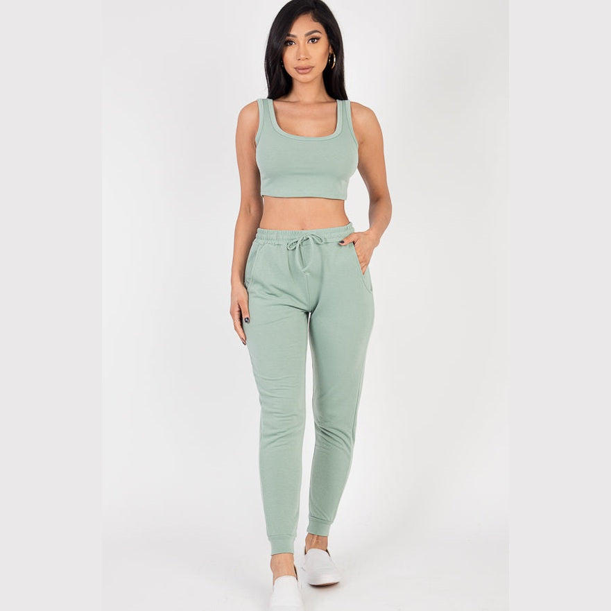 French Terry Cropped Tank Top & Joggers Set