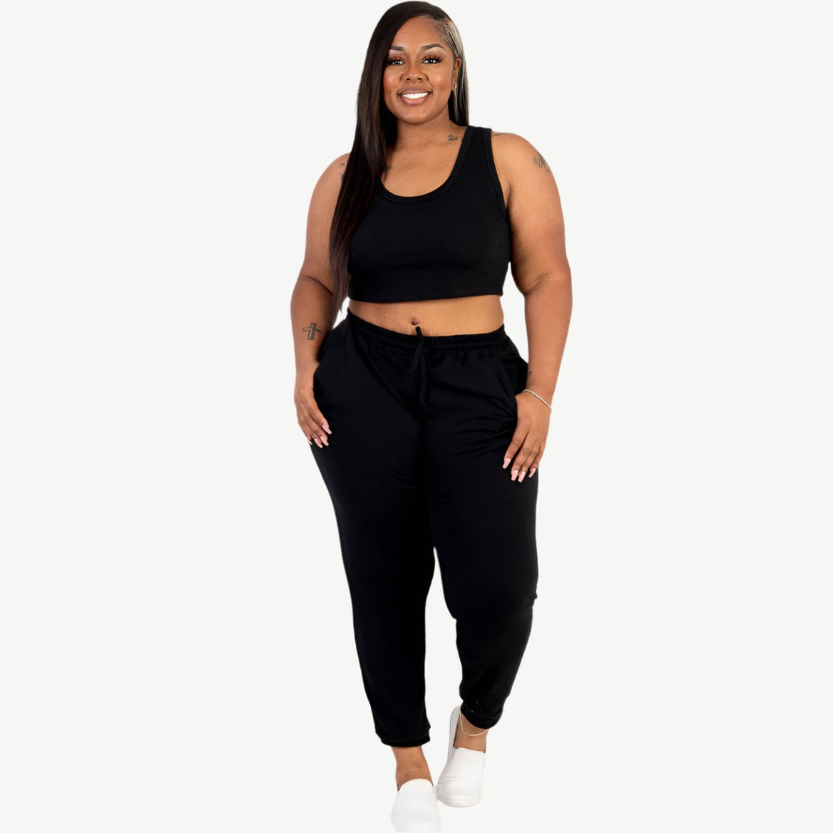 Plus Size French Terry Cropped Tank Top & Joggers Set
