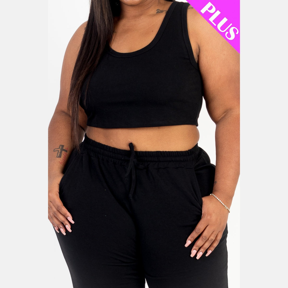 Plus Size French Terry Cropped Tank Top & Joggers Set