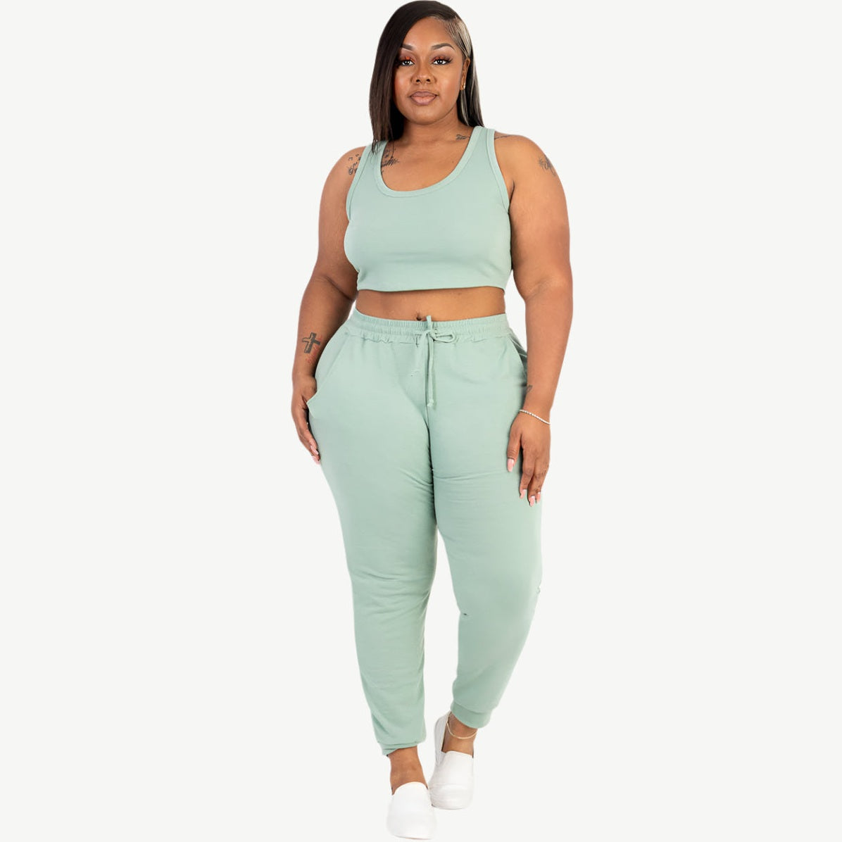 Plus Size French Terry Cropped Tank Top & Joggers Set