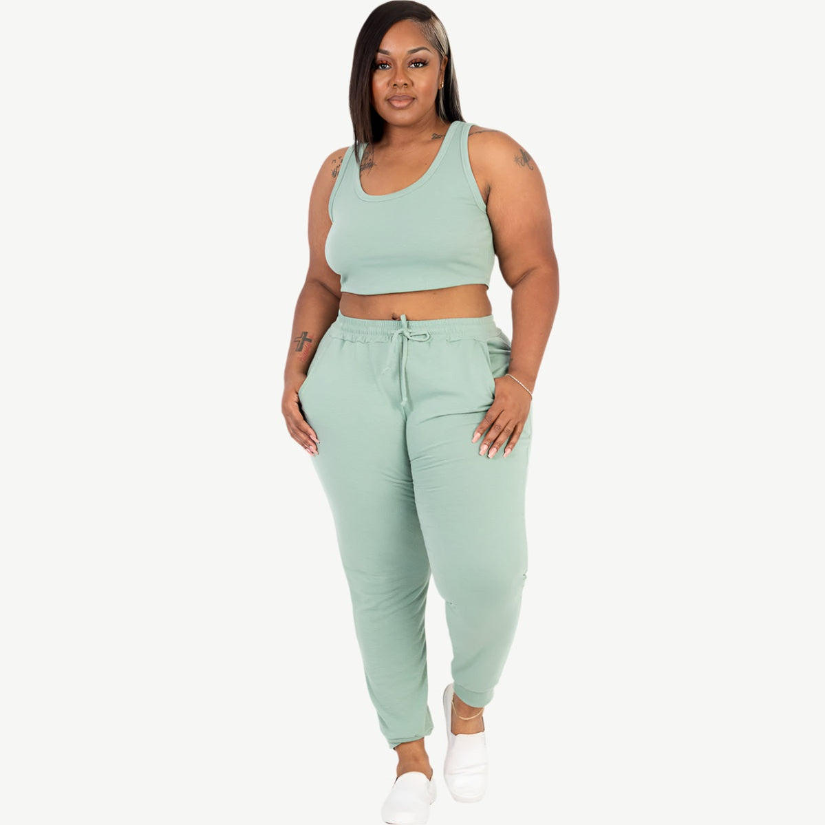 Plus Size French Terry Cropped Tank Top & Joggers Set