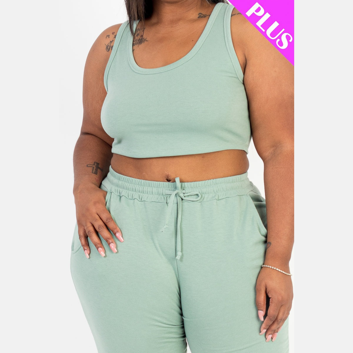 Plus Size French Terry Cropped Tank Top & Joggers Set