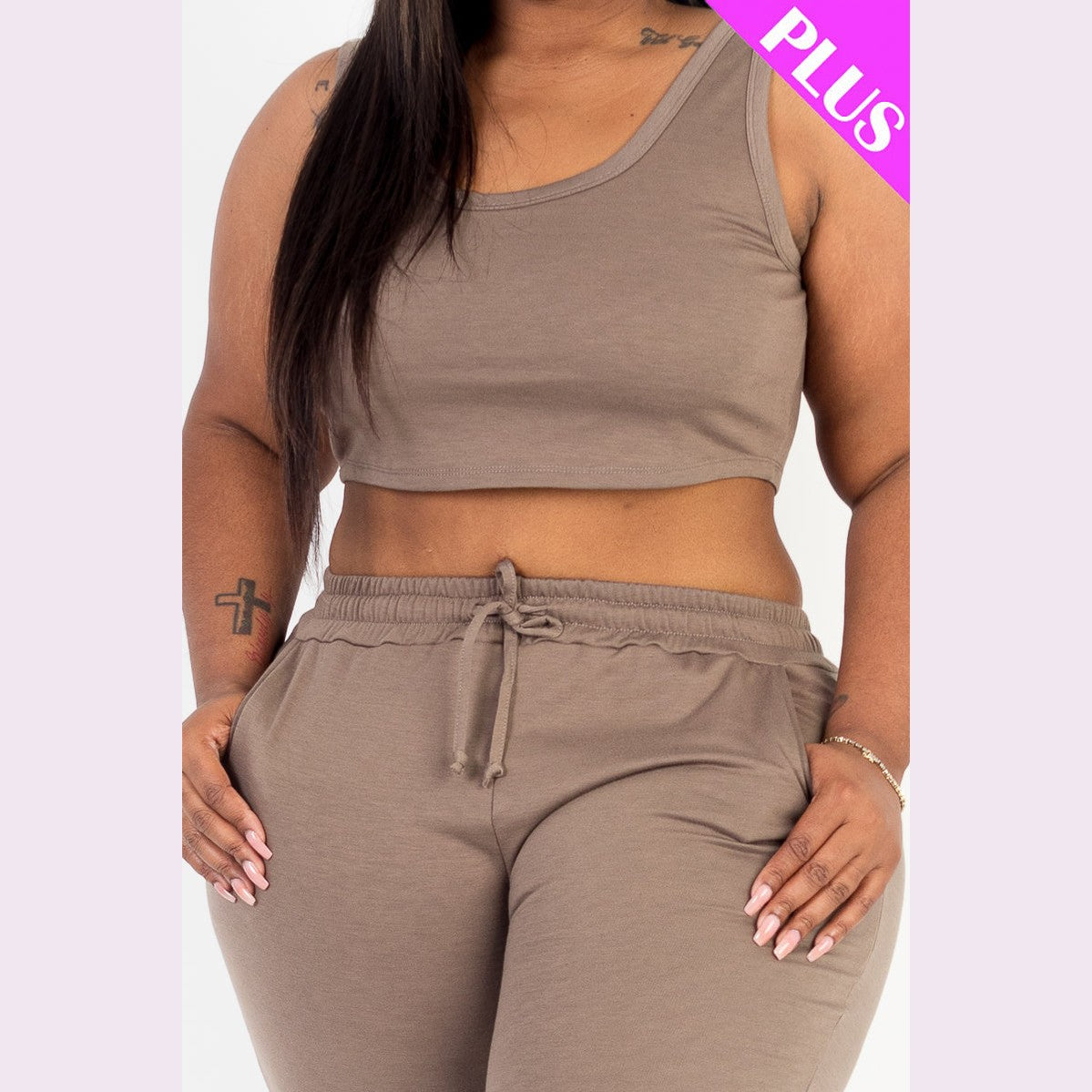 Plus Size French Terry Cropped Tank Top & Joggers Set