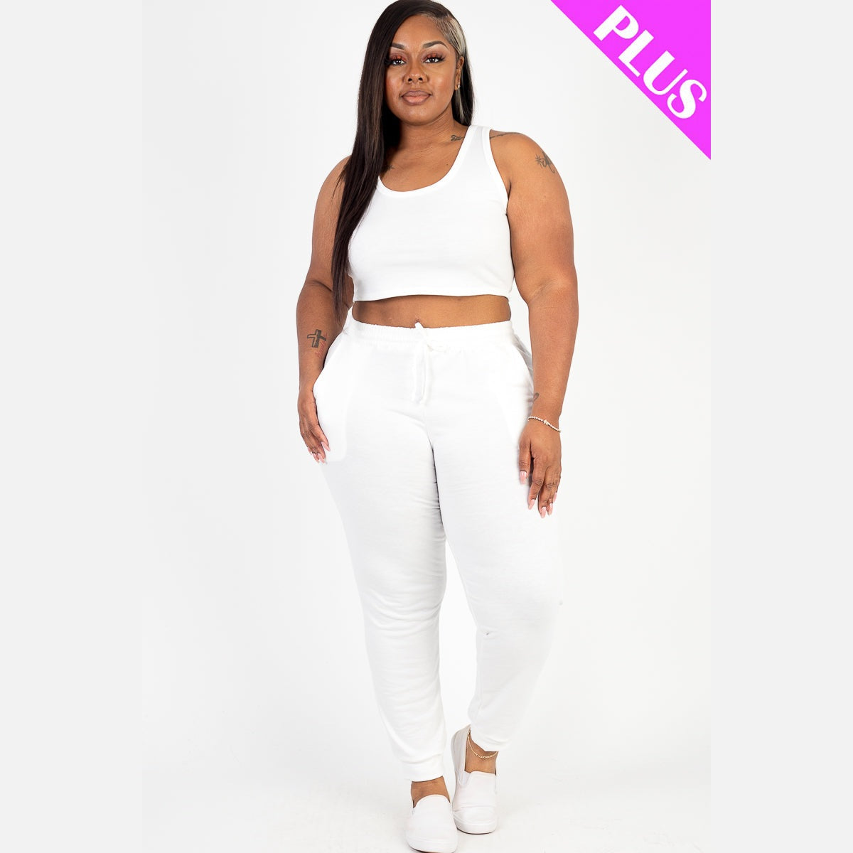 Plus Size French Terry Cropped Tank Top & Joggers Set