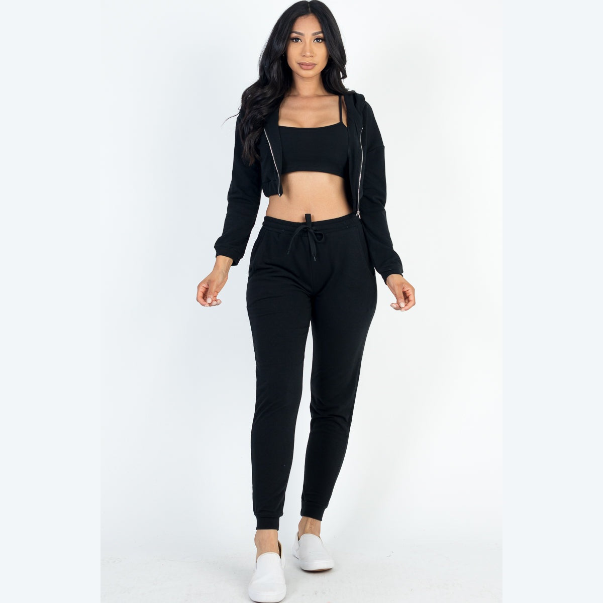 French Terry Cropped Cami with Zip-up Jacket and Joggers Set