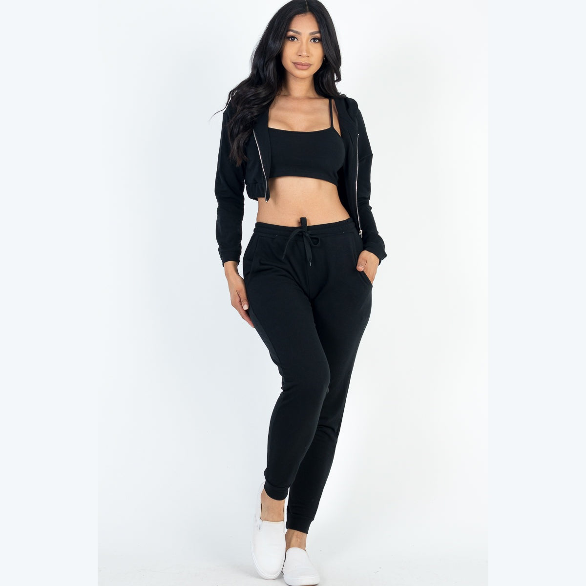 French Terry Cropped Cami with Zip-up Jacket and Joggers Set