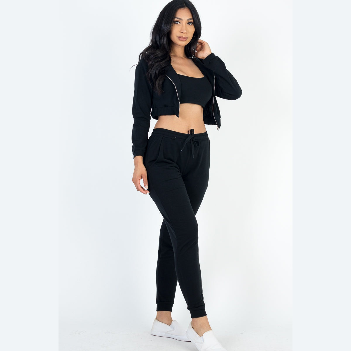 French Terry Cropped Cami with Zip-up Jacket and Joggers Set