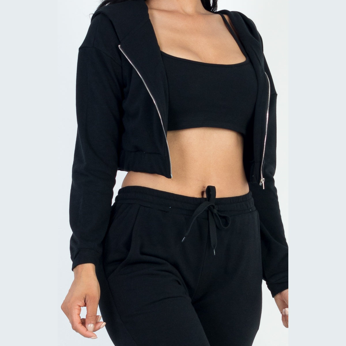 French Terry Cropped Cami with Zip-up Jacket and Joggers Set