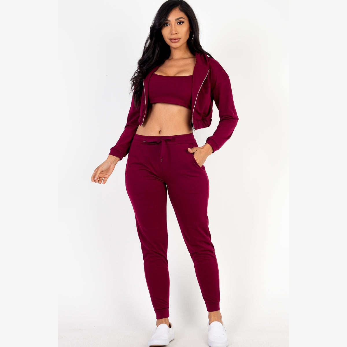 French Terry Cropped Cami with Zip-up Jacket and Joggers Set