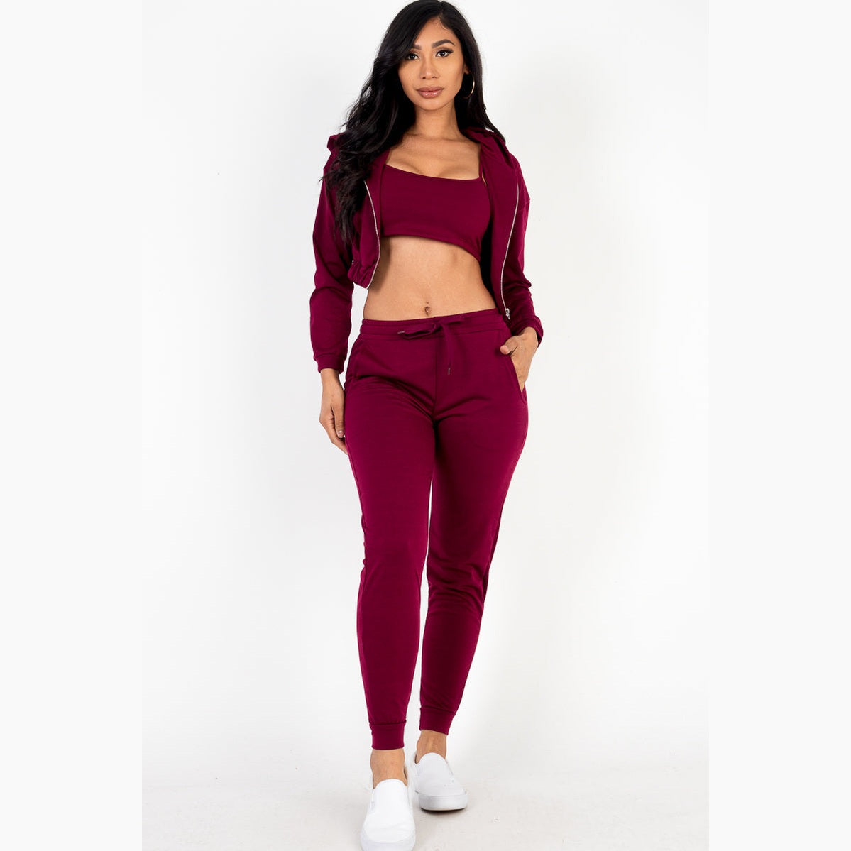 French Terry Cropped Cami with Zip-up Jacket and Joggers Set