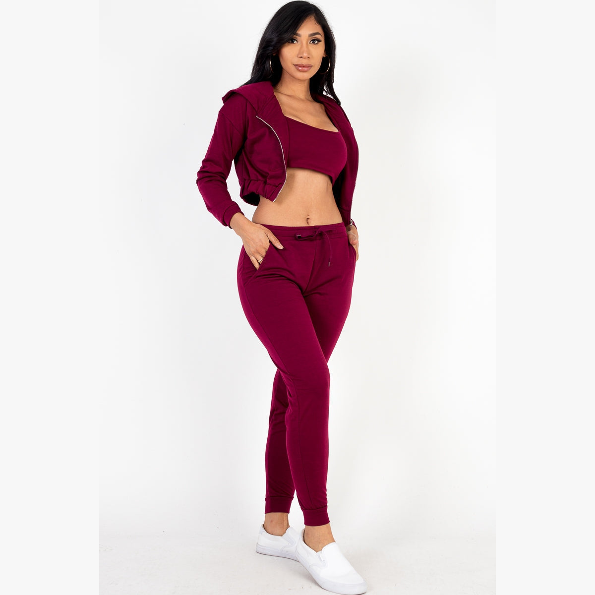 French Terry Cropped Cami with Zip-up Jacket and Joggers Set