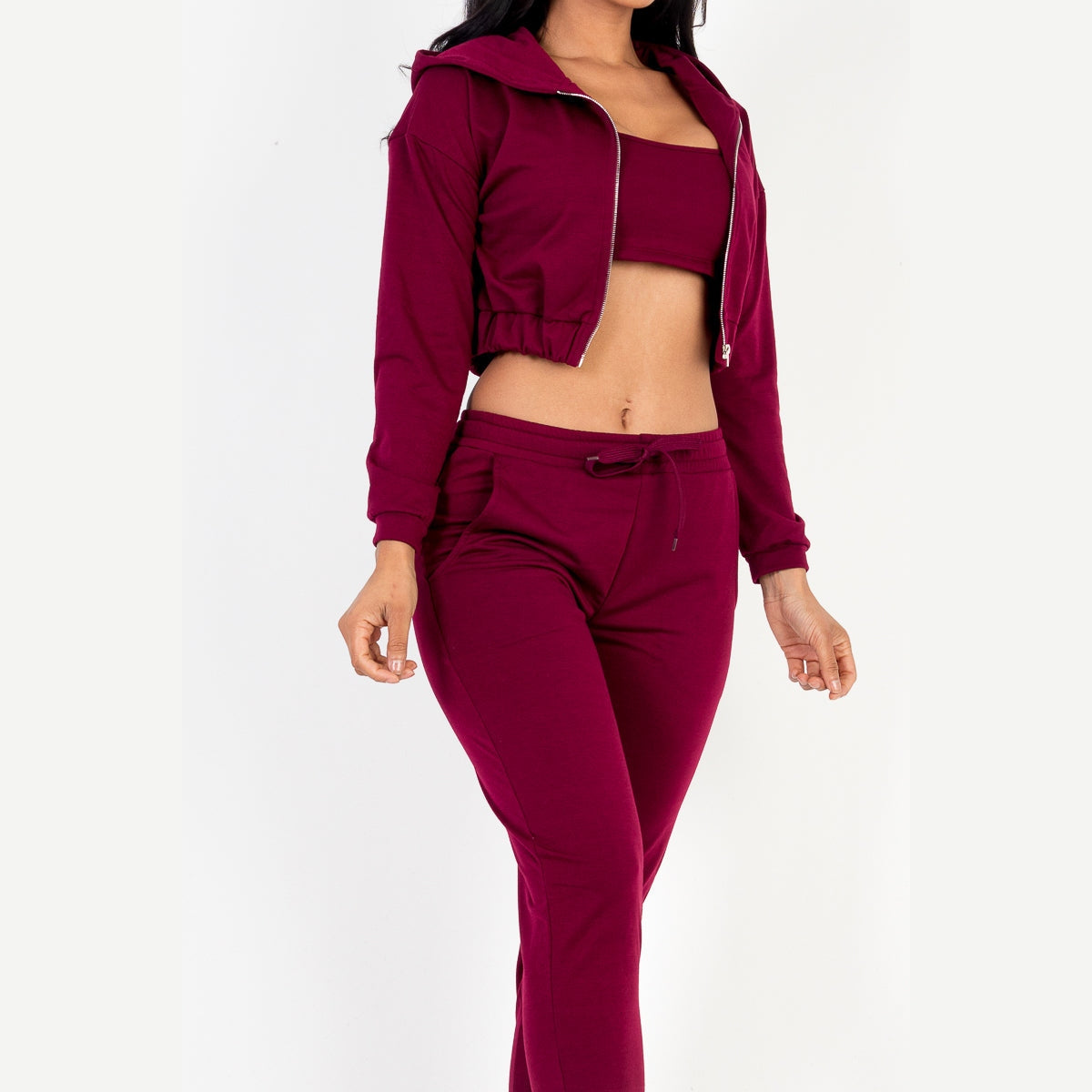 French Terry Cropped Cami with Zip-up Jacket and Joggers Set