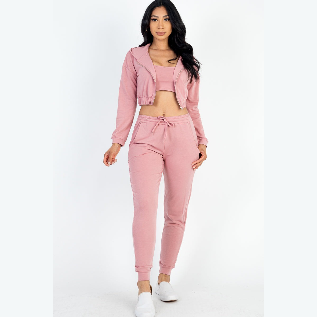 French Terry Cropped Cami with Zip-up Jacket and Joggers Set