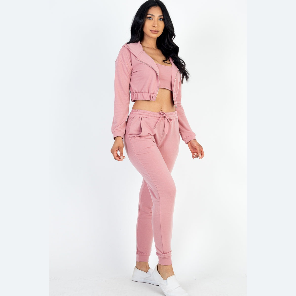 French Terry Cropped Cami with Zip-up Jacket and Joggers Set
