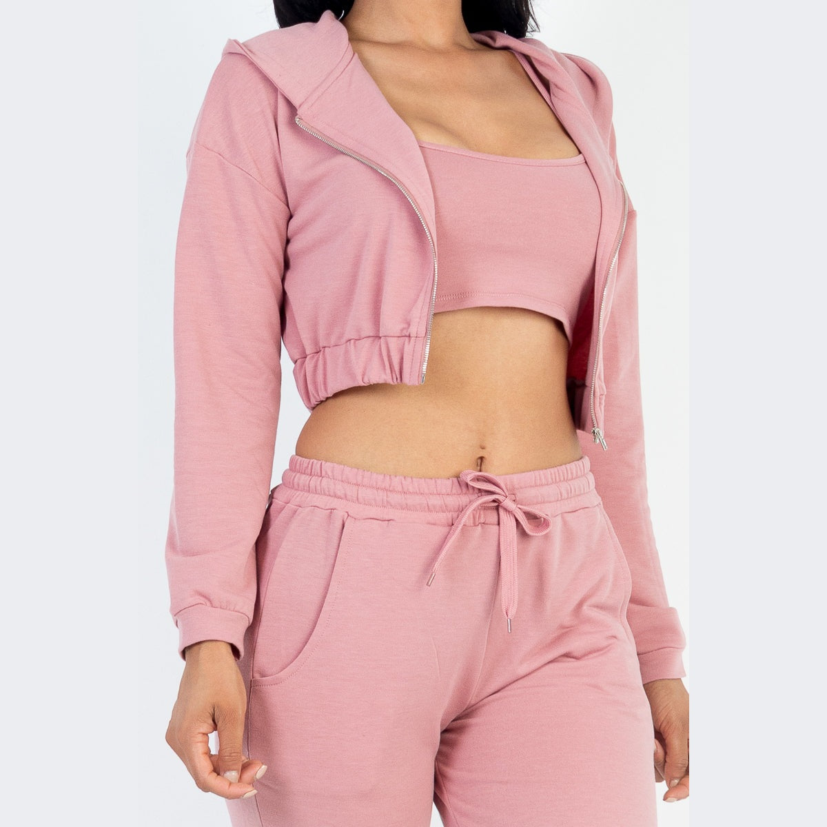 French Terry Cropped Cami with Zip-up Jacket and Joggers Set