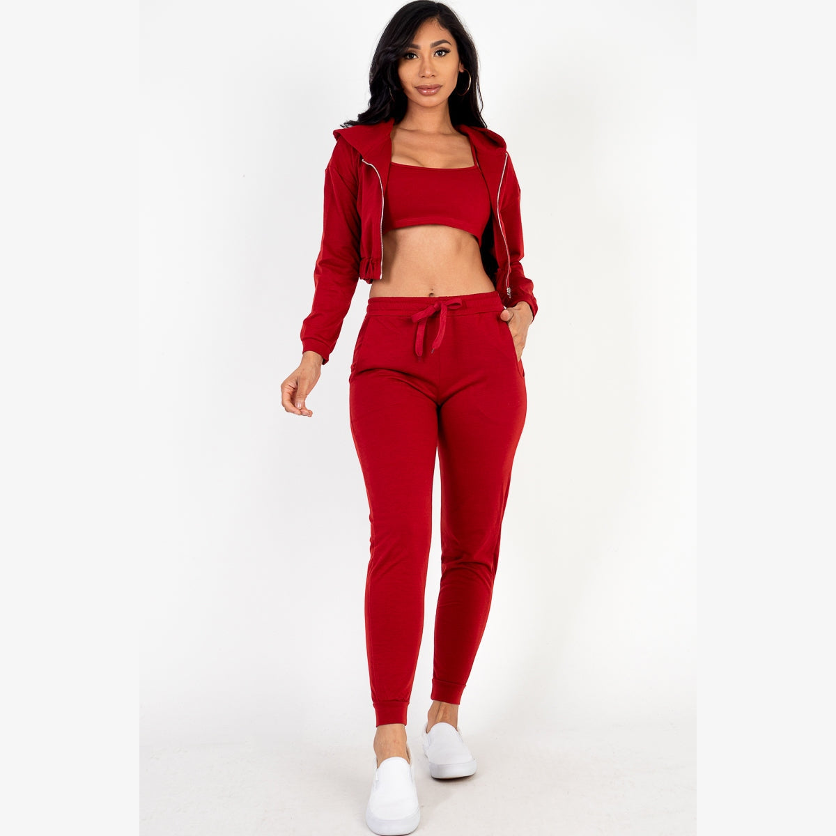 French Terry Cropped Cami with Zip-up Jacket and Joggers Set