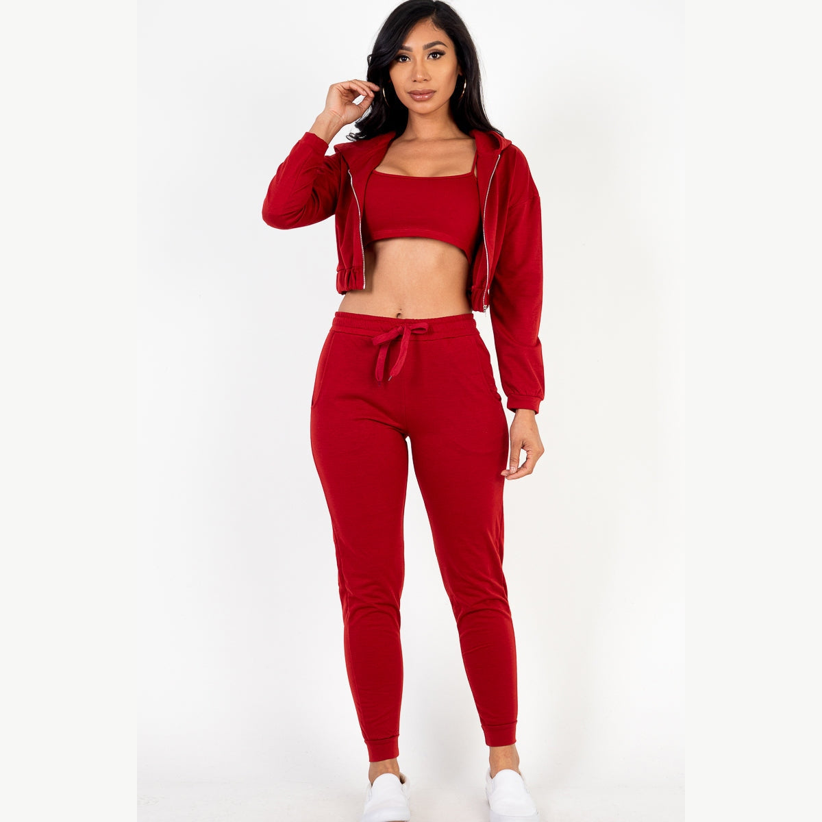 French Terry Cropped Cami with Zip-up Jacket and Joggers Set
