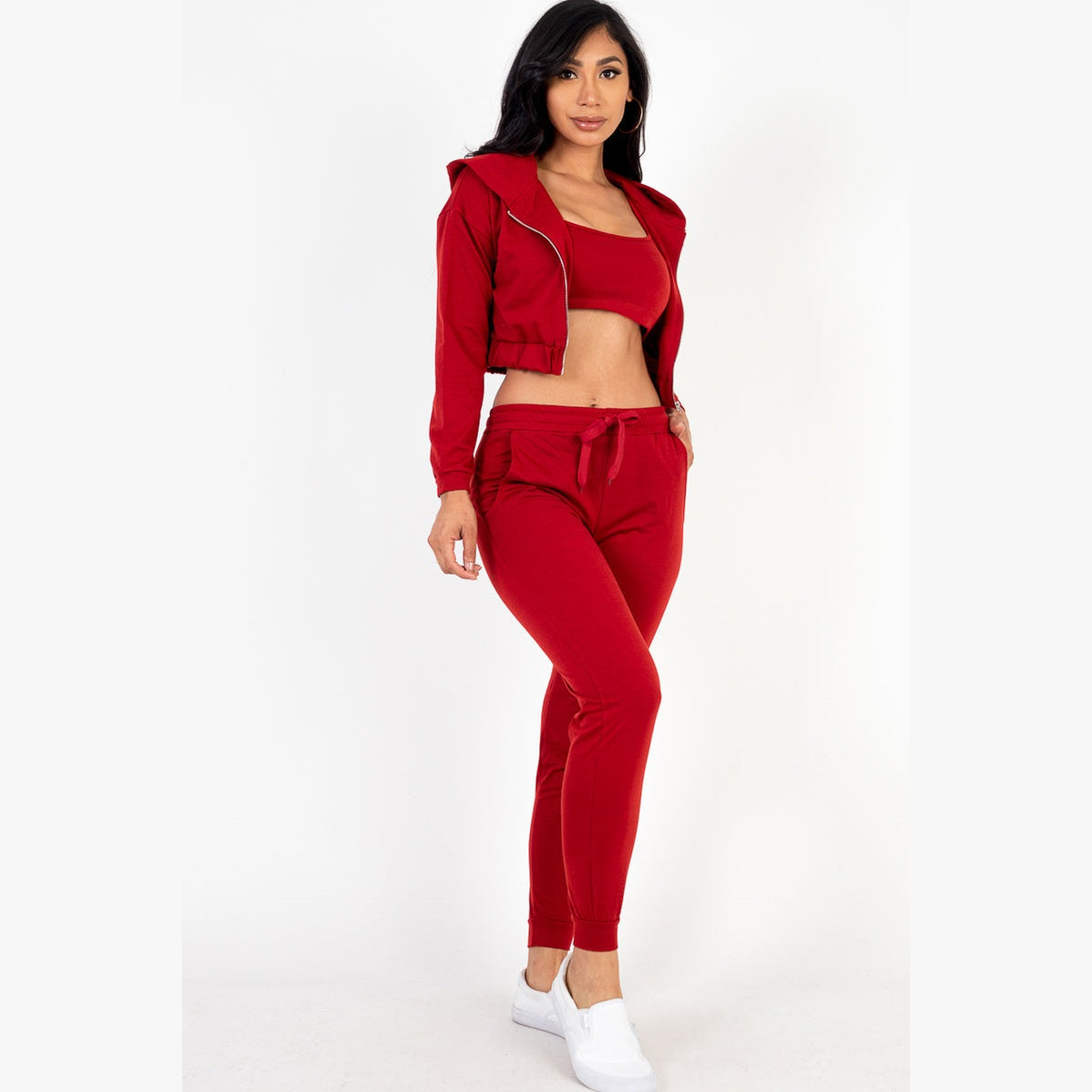 French Terry Cropped Cami with Zip-up Jacket and Joggers Set