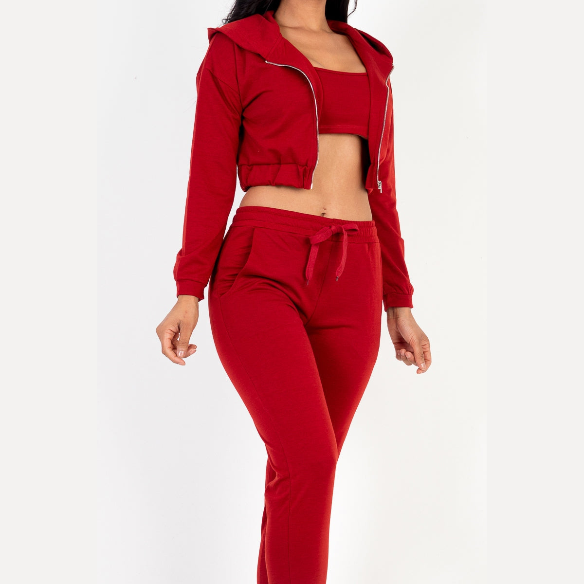 French Terry Cropped Cami with Zip-up Jacket and Joggers Set