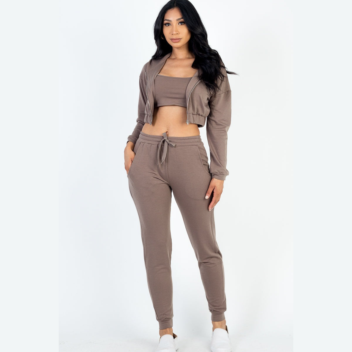 French Terry Cropped Cami with Zip-up Jacket and Joggers Set