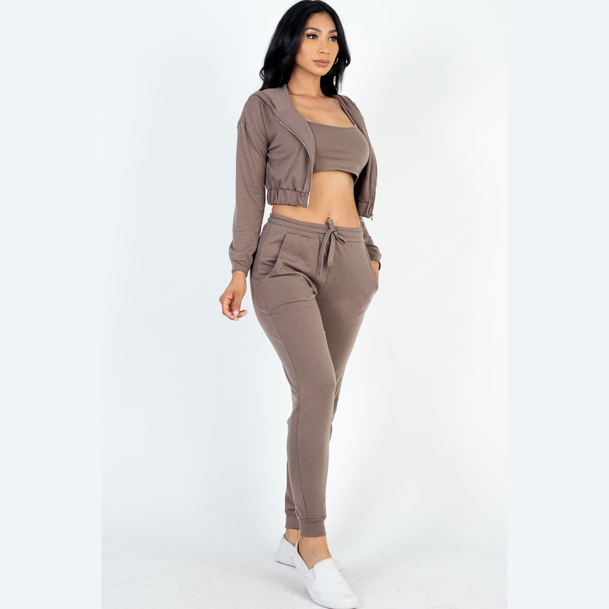 French Terry Cropped Cami with Zip-up Jacket and Joggers Set