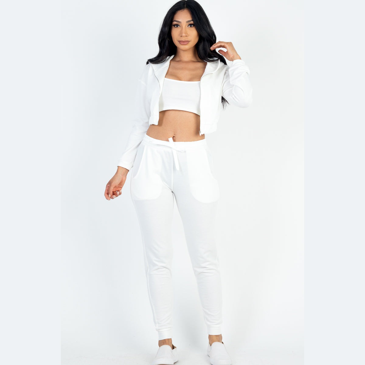 French Terry Cropped Cami with Zip-up Jacket and Joggers Set