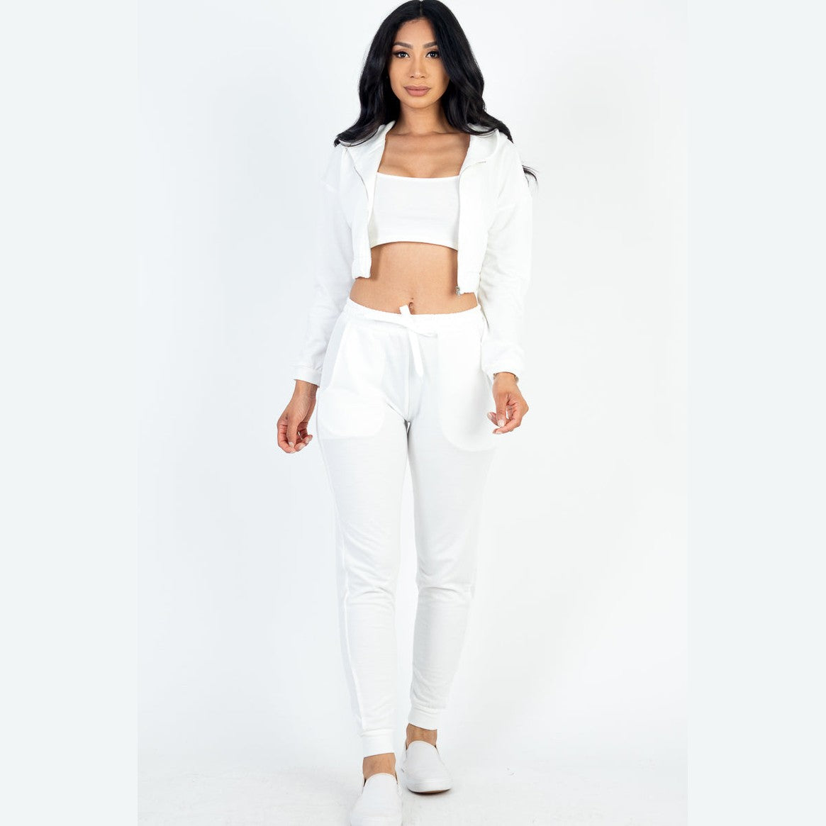French Terry Cropped Cami with Zip-up Jacket and Joggers Set