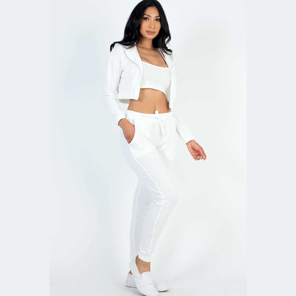 French Terry Cropped Cami with Zip-up Jacket and Joggers Set