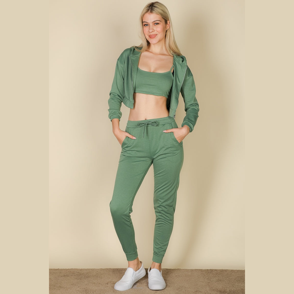 French Terry Cropped Cami with Zip-up Jacket and Joggers Set