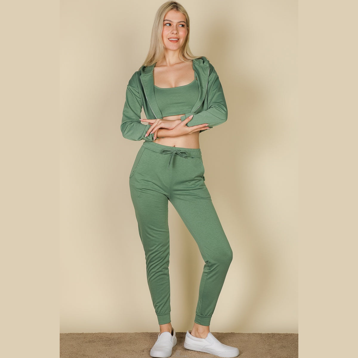 French Terry Cropped Cami with Zip-up Jacket and Joggers Set
