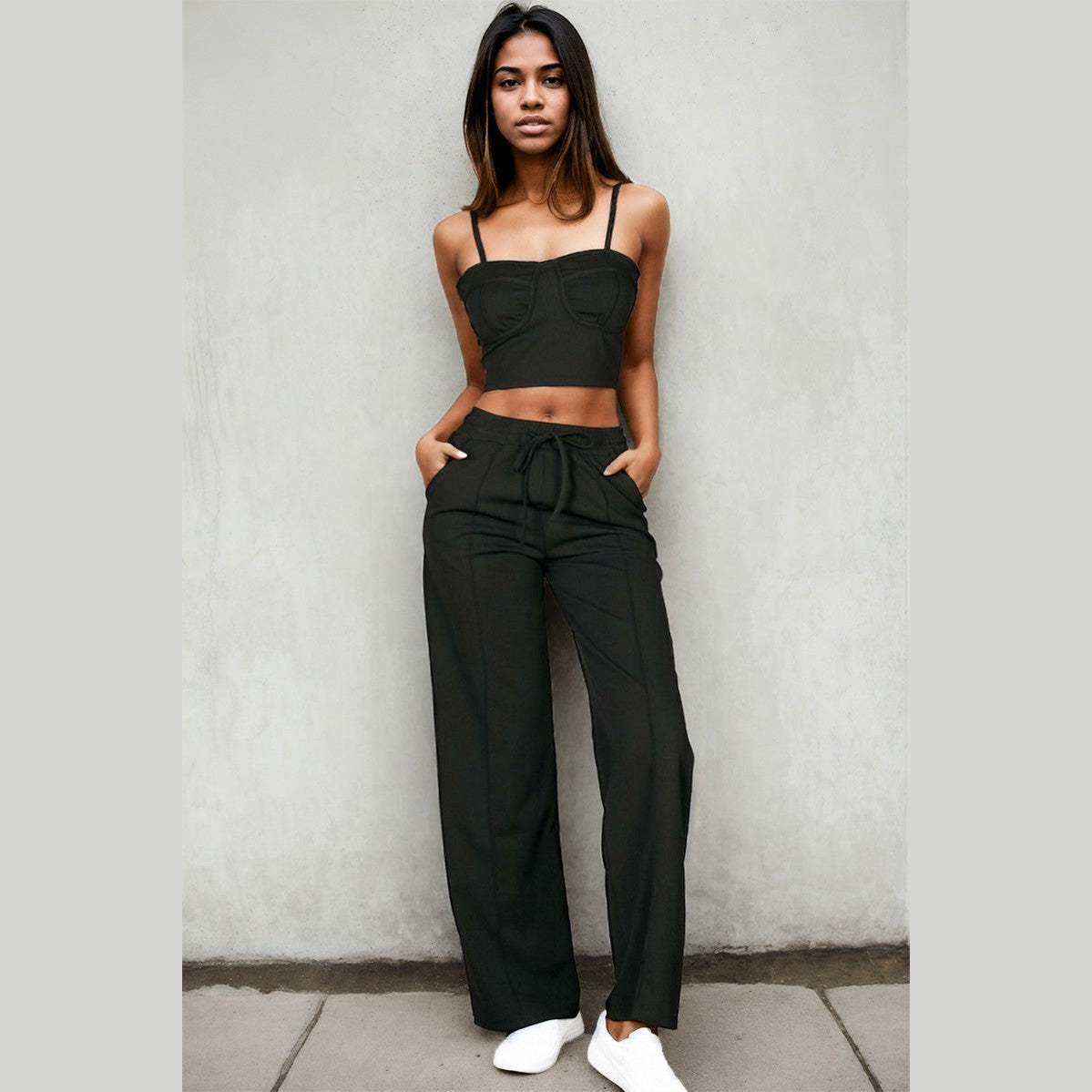 Bustier Crop Cami Top & Slant Pocket Straight Pants