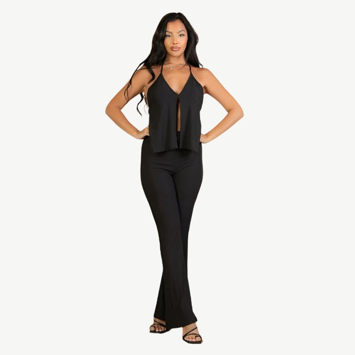 Split Front Backless Halter Top & Flare Pants Set