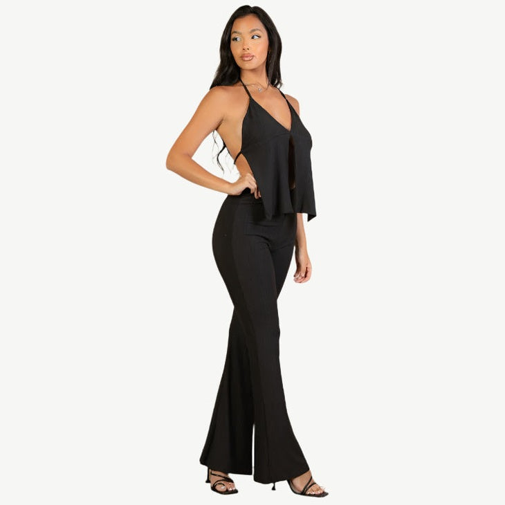Split Front Backless Halter Top & Flare Pants Set